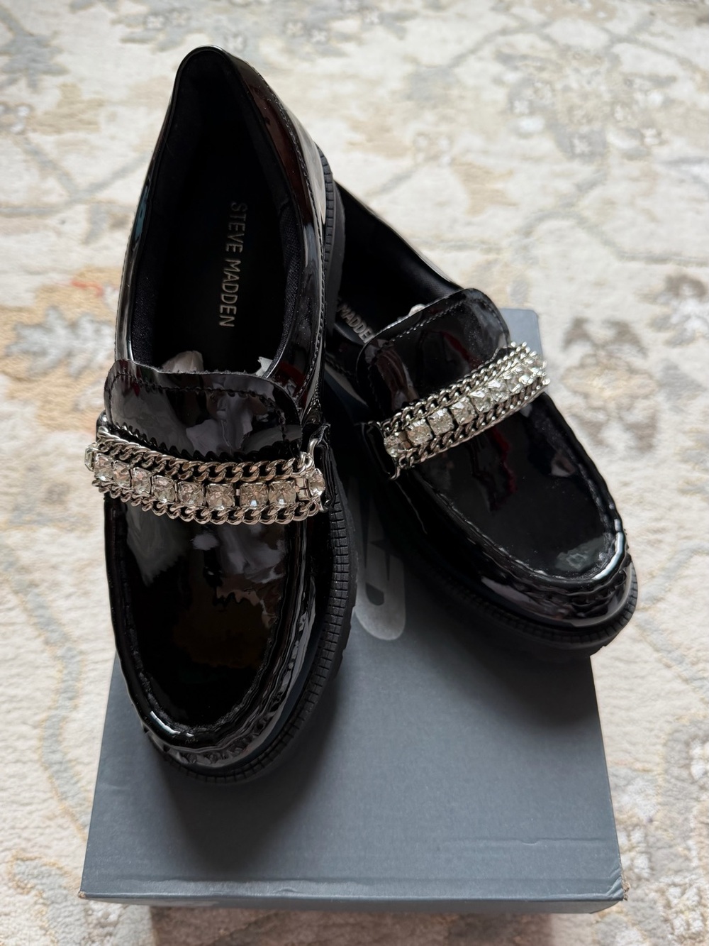 Steve Madden Black Patent Loafers with Silver Chain Accent
